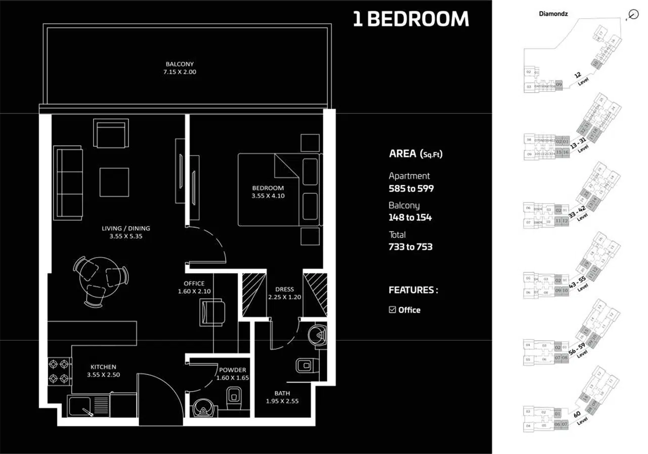 Diamondz by Danube 1 Bedroom Apartment Floor Plan