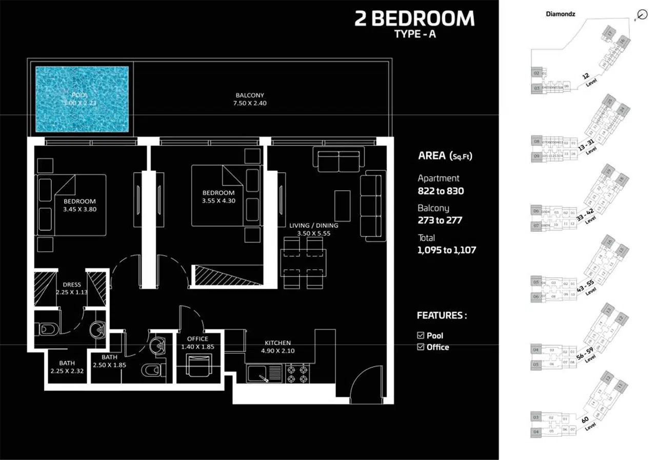 Diamondz by Danube 2 Bedroom Apartment Floor Plan