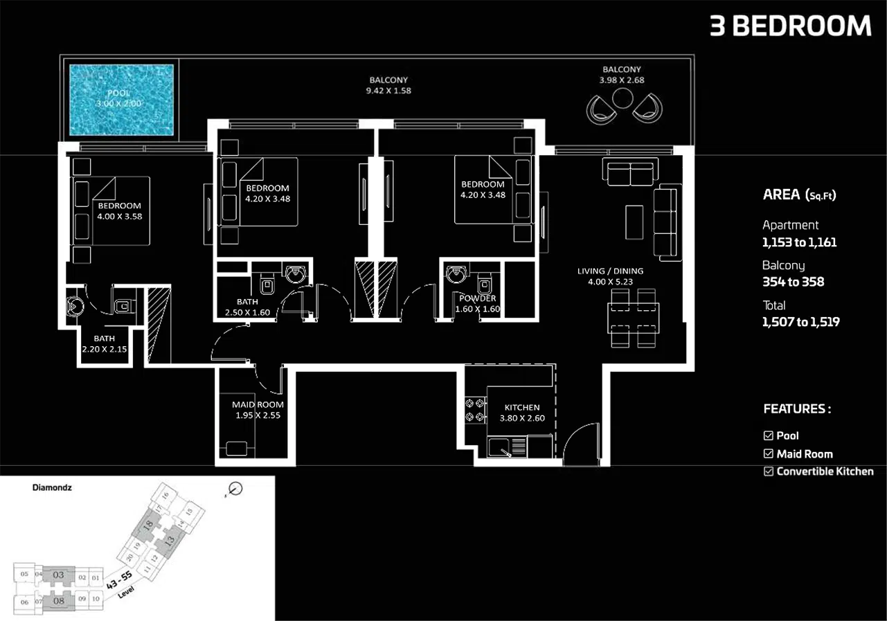 Diamondz by Danube 3 Bedroom Apartment Floor Plan