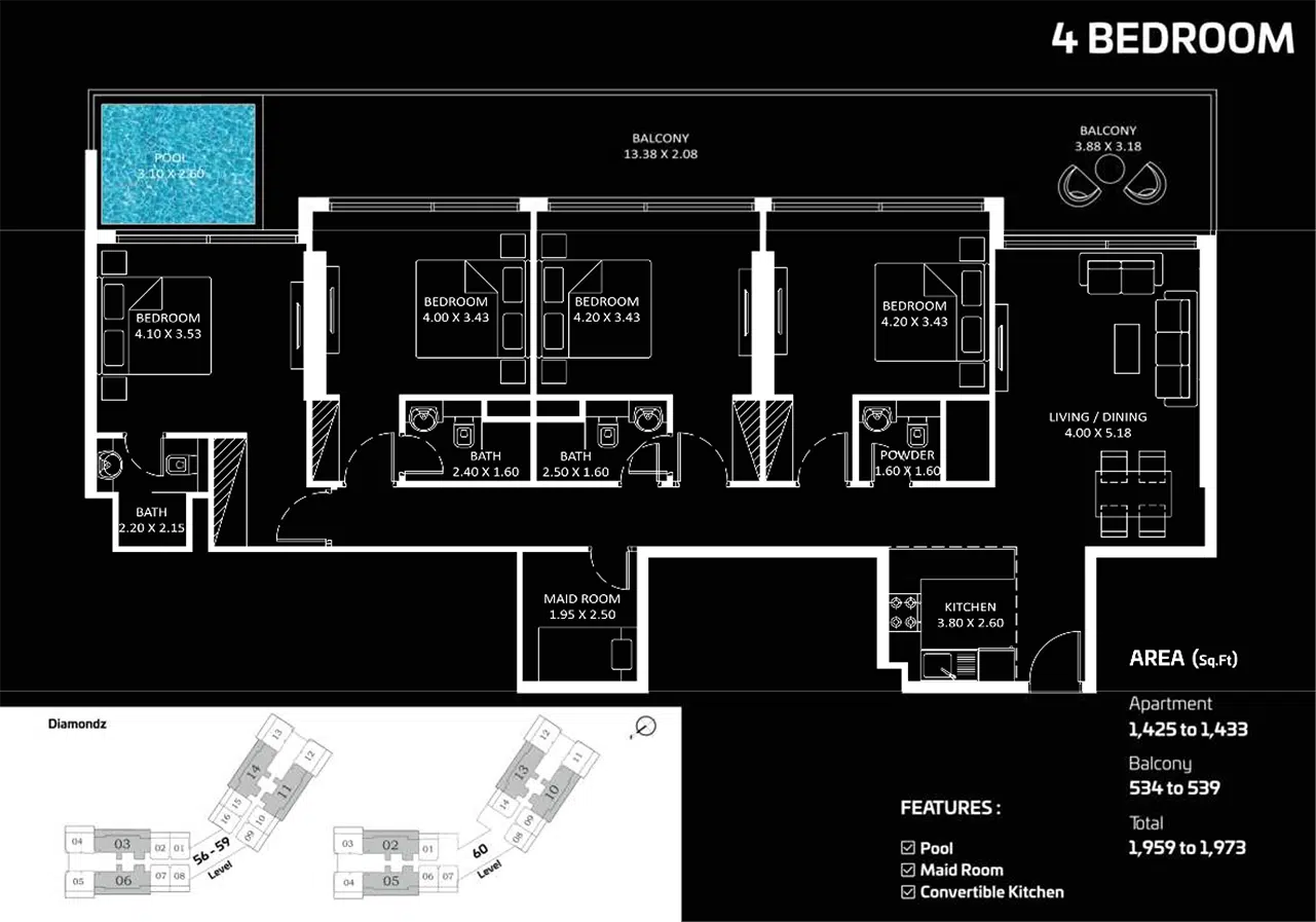 Diamondz by Danube 4 Bedroom Apartment Floor Plan